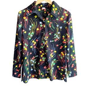 Vintage 70s bright floral novelty polyester Button Up Dagger Collar shirt 16